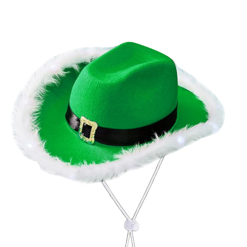 LED Santa Hat Green Cowboy Hat for Christmas Wide Brim Glowing Hat Festive Musical Festival Party Hat Cosplay Headwear