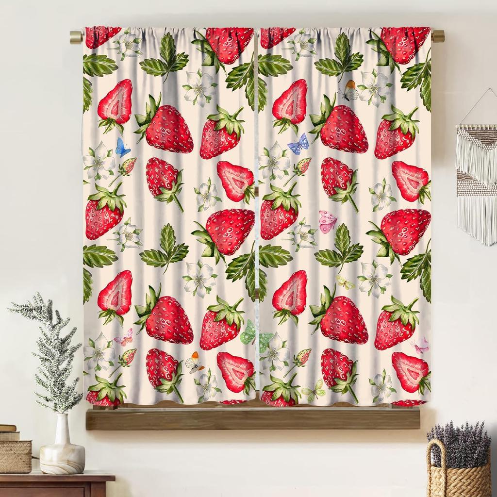 Strawberry Curtains, Vintage Rustic Colorful Bohemian Funny Butterfly Floral Leaves Fruit Seamless Pattern Drapes, Blackout Rod