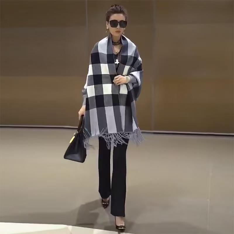 Thick women casual cape sweater plaid shawl cardigans for autumn and winter outfits