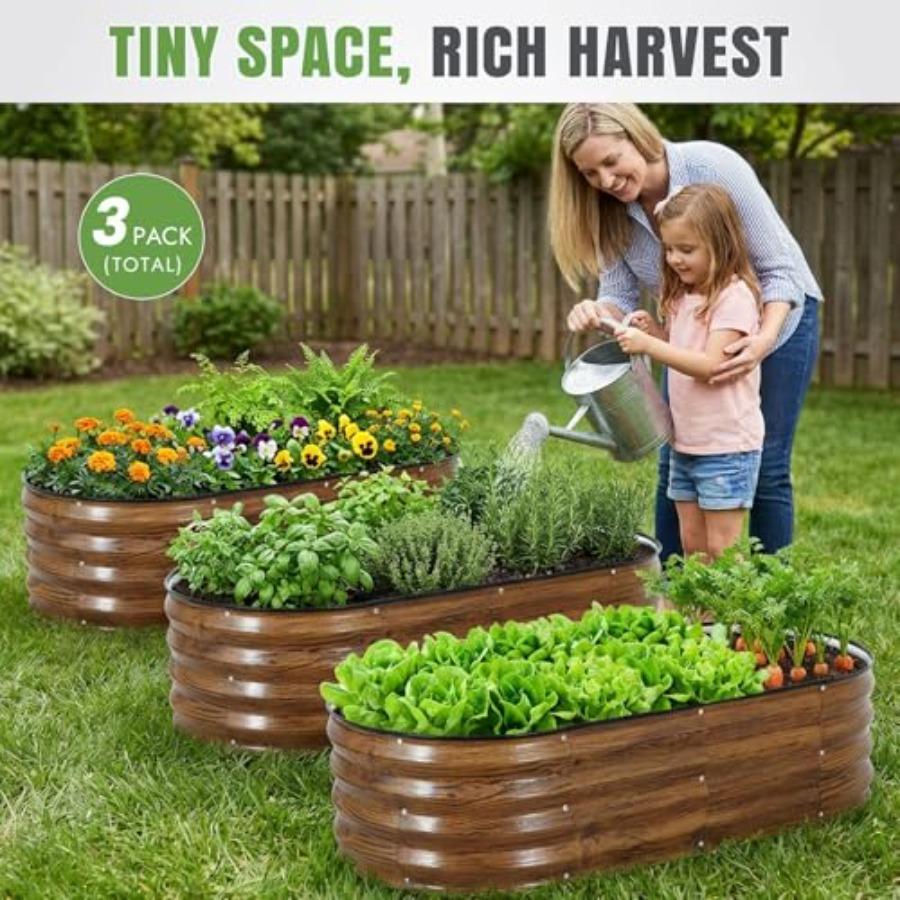 3Pcs Galvanized Raised Garden Bed Kit Outdoor Metal Raised Garden Beds for Vegetables Rust-Resistant Easy Assembly 4x2x1ft Oval
