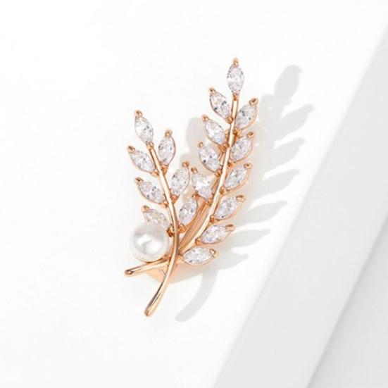 Women Brooch High-Gloss Rhinestone Inlay Sparkling Faux Pearl Wheat Design Lapel Pin Non-Slip Buckle Scarf Badge Clothing Bags Accessories