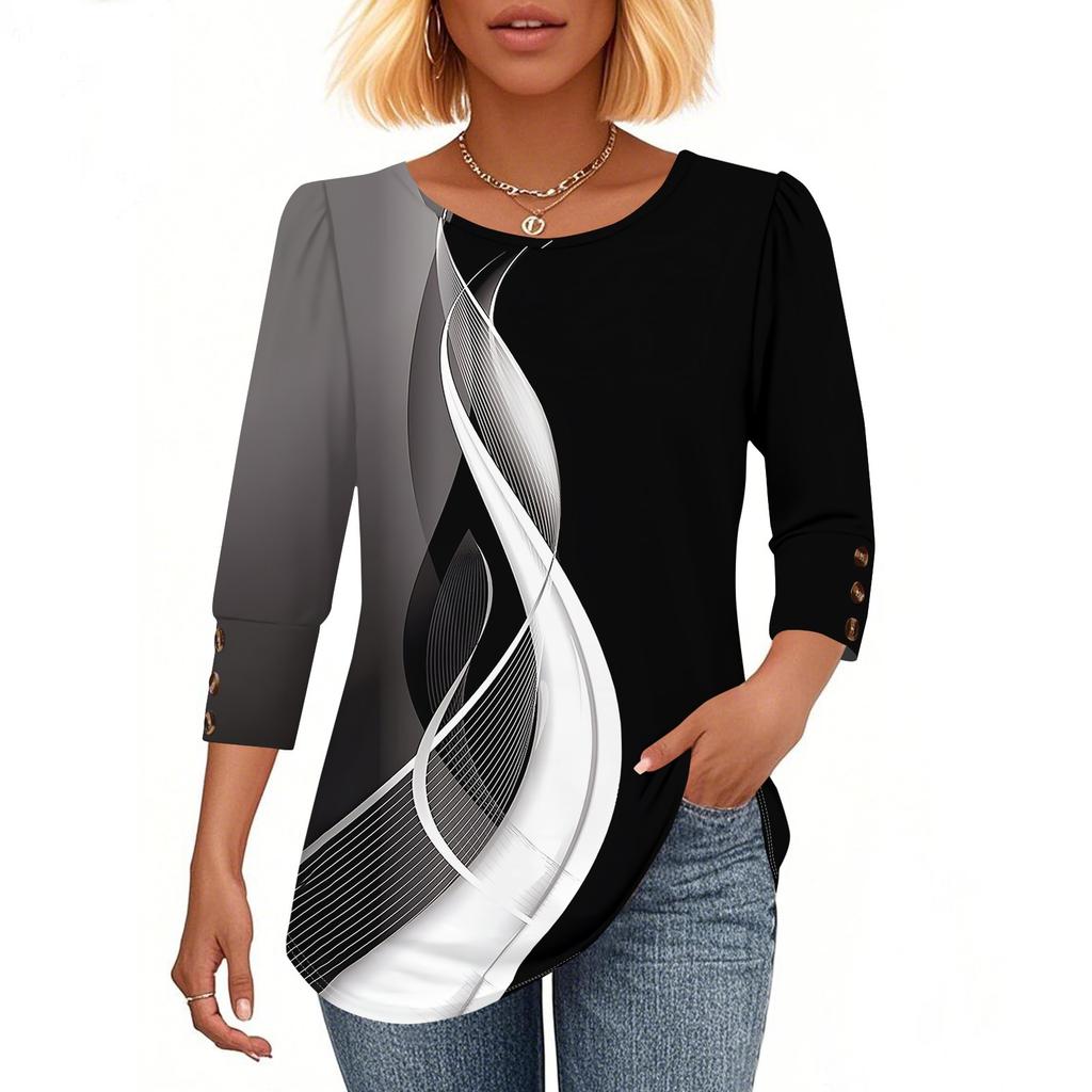 Women's Fashion Casual Color Block Stitched Print Round Neck Seven-sleeve T-shirt Top