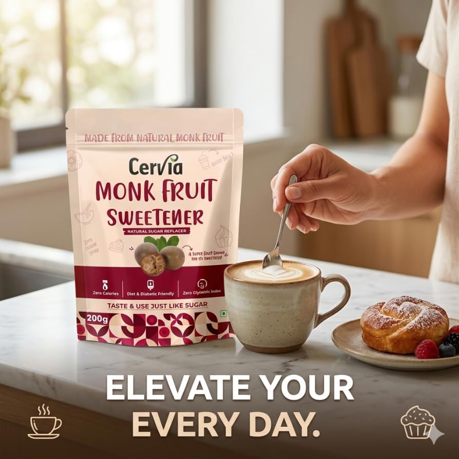 Cervia Édulcorant Naturel à base de Fruit du Moine 200g | Remplacement Naturel du Sucre à 100% | Zéro Calorie | Indice Glycémique Zéro | Pas de Pic de Glycémie | Diabétique &