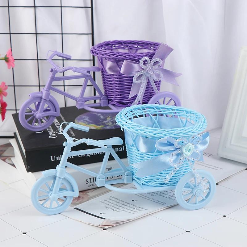 1PC Small Beautiful Plastic Tricycle Bicycle Flower Basket Vase Storage for Wedding Party Home Office Table Desk Decor White pot
