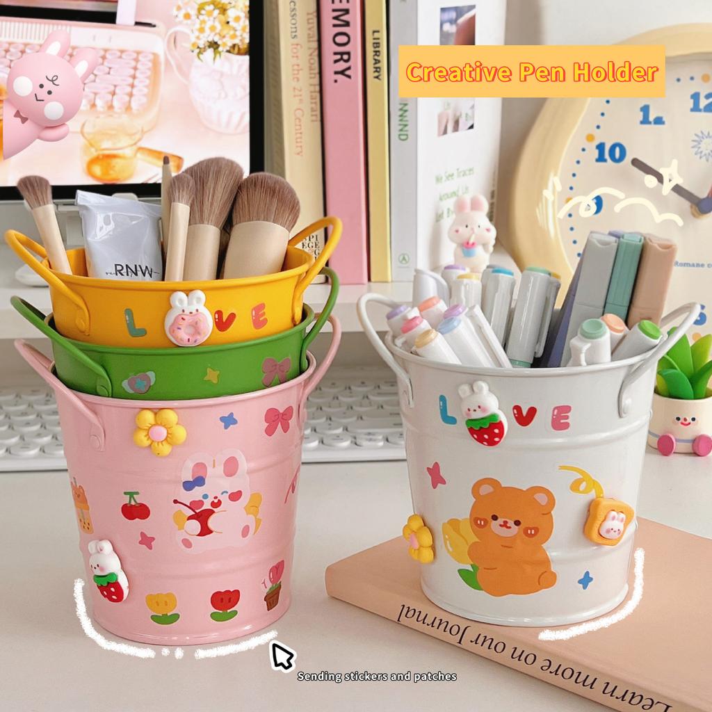 Creative Iron Art Pen Holder Student Desktop Storage Box Ins Fengwang Red Small Iron Bucket Personalized Cute Office Pen Bucket
