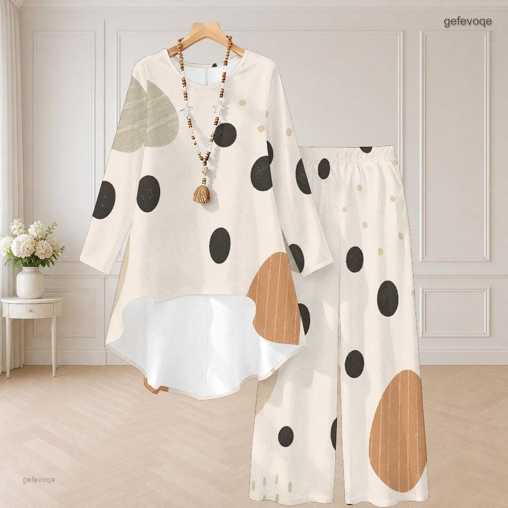 Women Plus Size Navy Blue Printed Round Neck Long Sleeve High Low Top Wide Leg Pants Two Piece Set