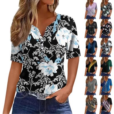 Moda feminina casual gradiente floral estampa camiseta decote em v manga curta botão top
