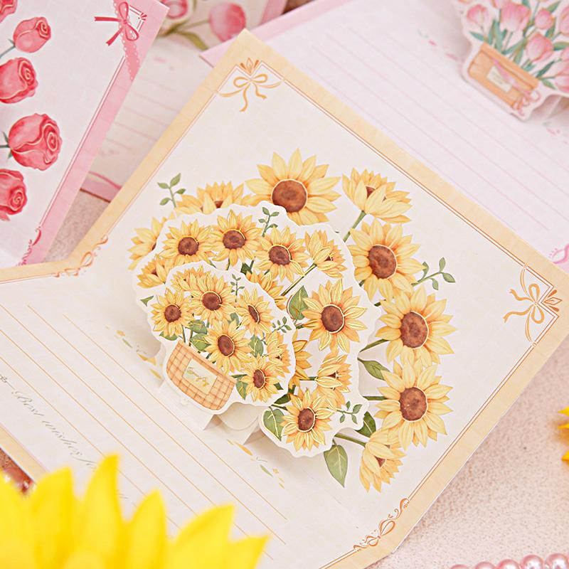 1PC Paper Postcard 3D Greeting Card Creative Roses Birthday Gift Card Sunflowers Bouquet Pop-Up Tulips