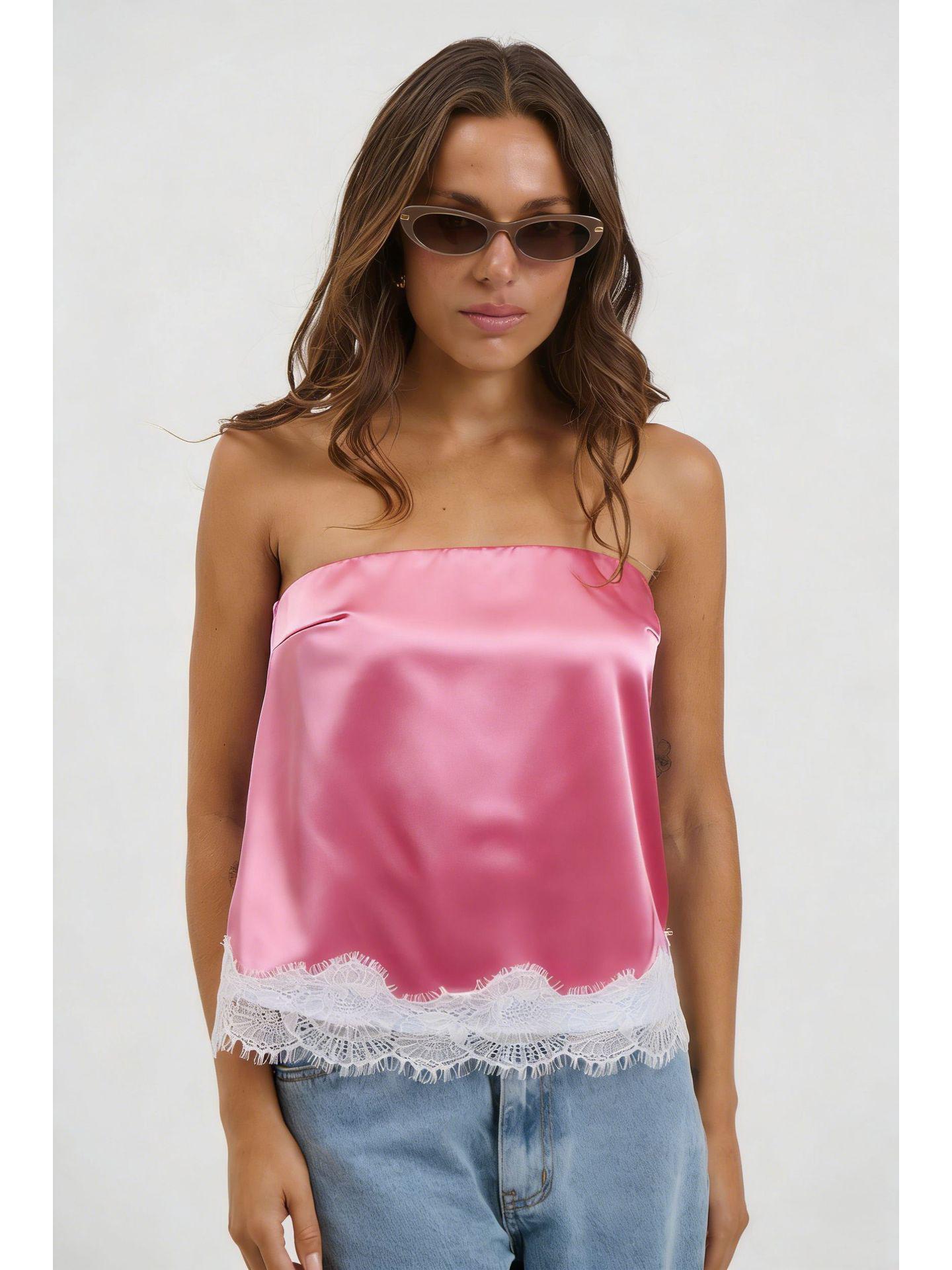 2026 Spring European-American Women s Sexy Strapless Satin Lace Fashion Top Extra Large розовый