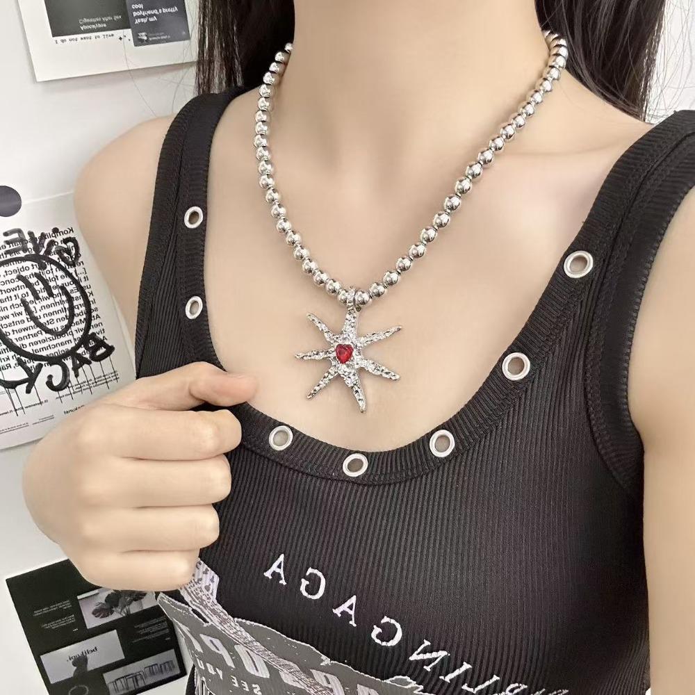New Punk Sliver Color Liquid Metal Marine Life Irregular Starfish Red Heart-shaped Rhinestone Pendant Necklace for Women Jewelry