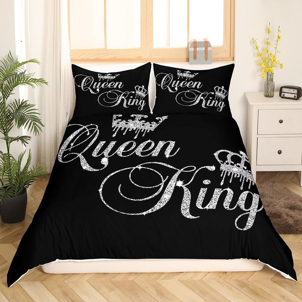 Crown Queen and King Couple Duvet Cover His and Hers Bedding Set Pink Comforter Cover Lover Romantic Valentine's Day Quilt Cover