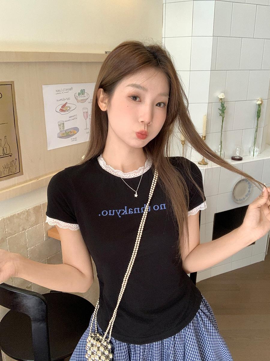 

Sweet lace splicing letter printing front shoulder short sleeve T-shirt women s summer new fashion chic small top S чёрный