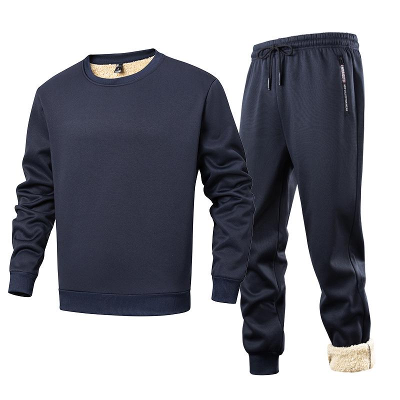 Lamb Fleece Suit Men's Hooded Jacket Men's Thick Winter Sports Suit Men's Cardigan Two-piece Set with Added Fleece