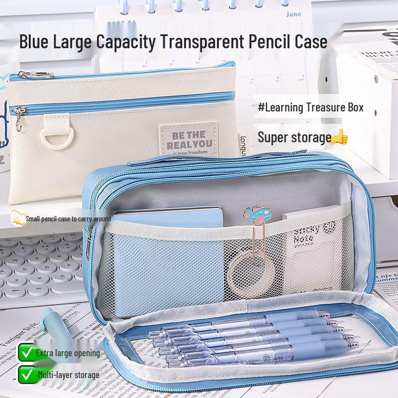 Large Capacity Blue Transparent Ita Pencil Case - Stylish and Functional for Students