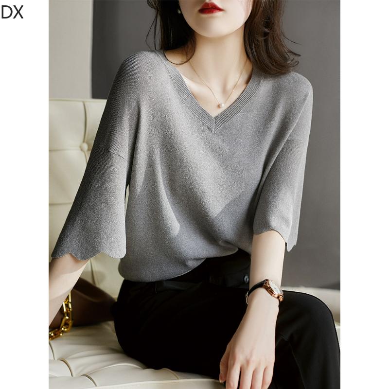 DX-Micro rozšířený okvětní lístek rukáv top s výstřihem do V dámské letní pletené tričko volný krátký rukáv ledový hedvábný svetr tenký dámská košile zahraničního stylu
