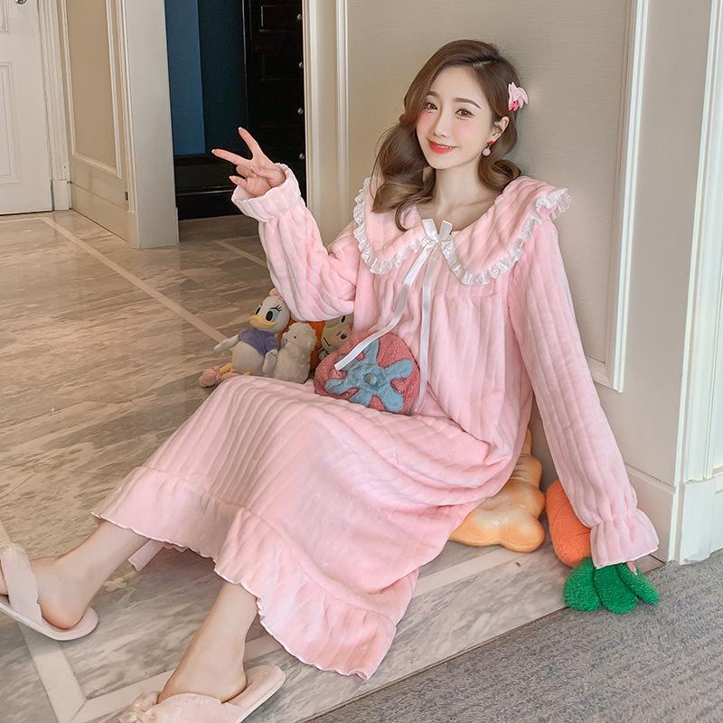 Autumn Winter Women's Nightwear Nightdress Flannel Thickened Solid Color Nightgown Doll Collar Student Warm Coral Velvet Ruffle Dress Robes