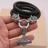 Vintage Men's Thor's Hammer Pendant Necklace Wolf Head Leather Rope Chain Men's Viking Punk Amulet Jewelry