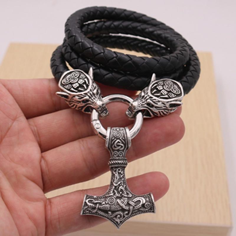 Vintage Men's Thor's Hammer Pendant Necklace Wolf Head Leather Rope Chain Men's Viking Punk Amulet Jewelry