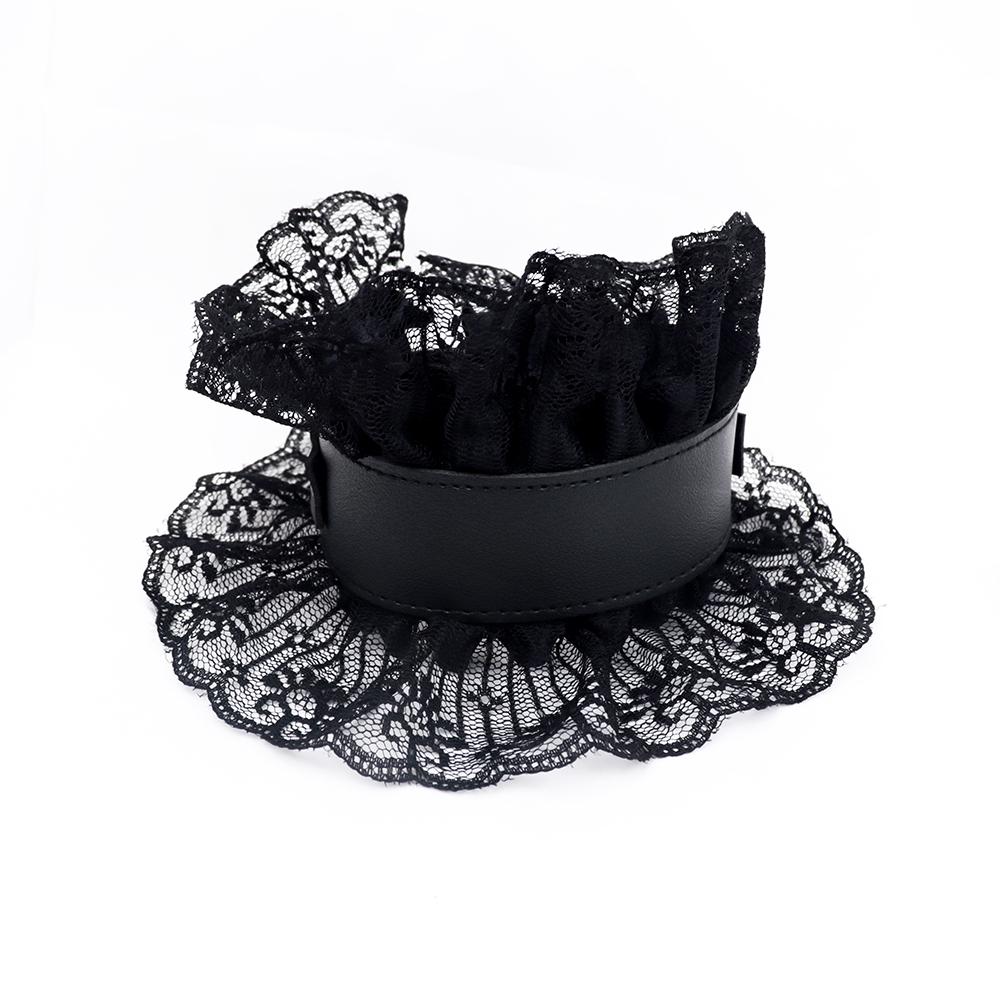 Black Pu Leather Edwardian Neck Chocker Sexy Black Lace Leather Lolita Choker Halloween Costume Gothic Dark Princess Collar