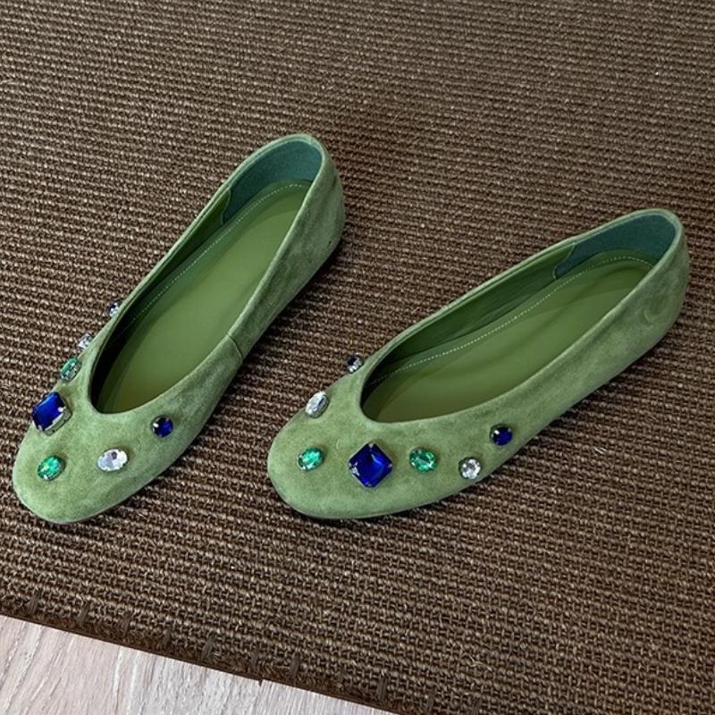 Fashion Luxury Colorful Gemstone Flats Women Comfortable Round Toe Shallow Suede Loafers for Ladies Elegant Brand Designer Casual Shoes