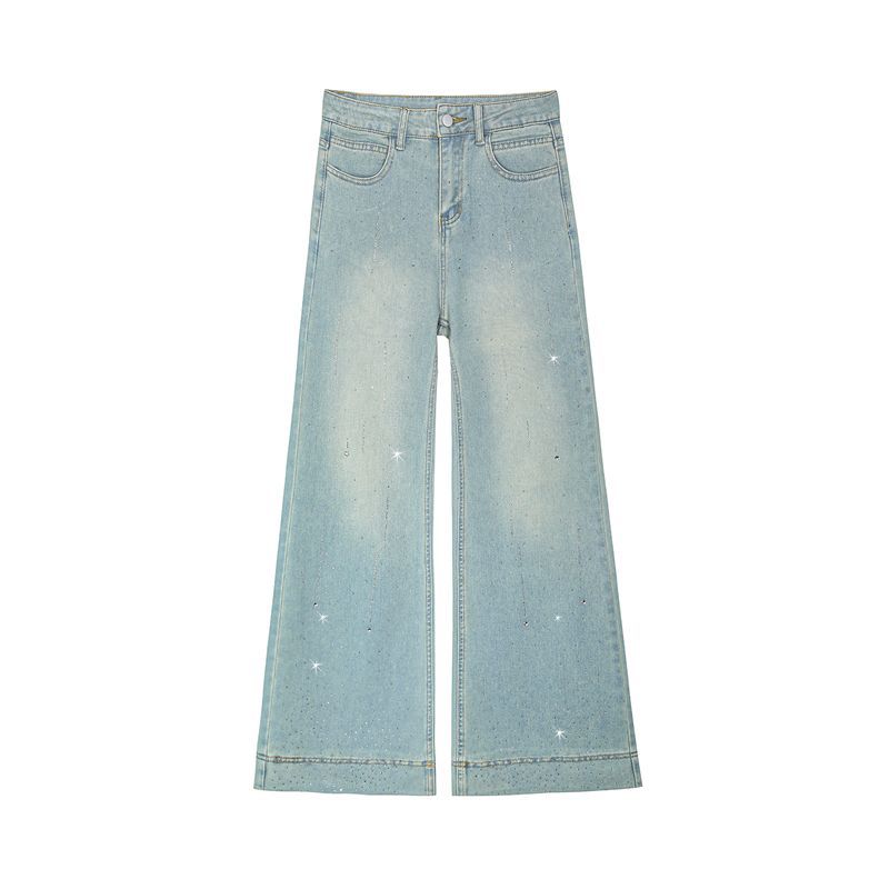 Spring Summer New Meteor Bling Rhinestone Non Cling Soft Comfort Relax Micro Flare Wide Leg Denim Pants For Women Casual Pants Oversize Denim Trousers