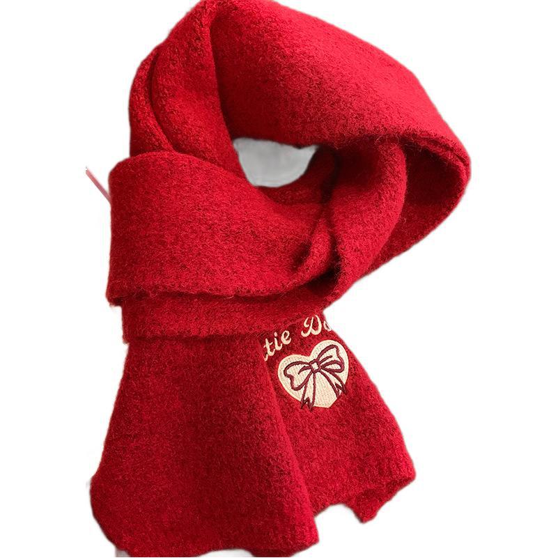Love Bow Embroidered Scarf Women's Winter New Korean Versatile Warm Scarf Hand-knitted Student Couple
