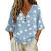 T-shirt da donna con scollo a V, stampa floreale vintage, vestibilità ampia, manica corta, misto lino, top casual con dettaglio a bottone