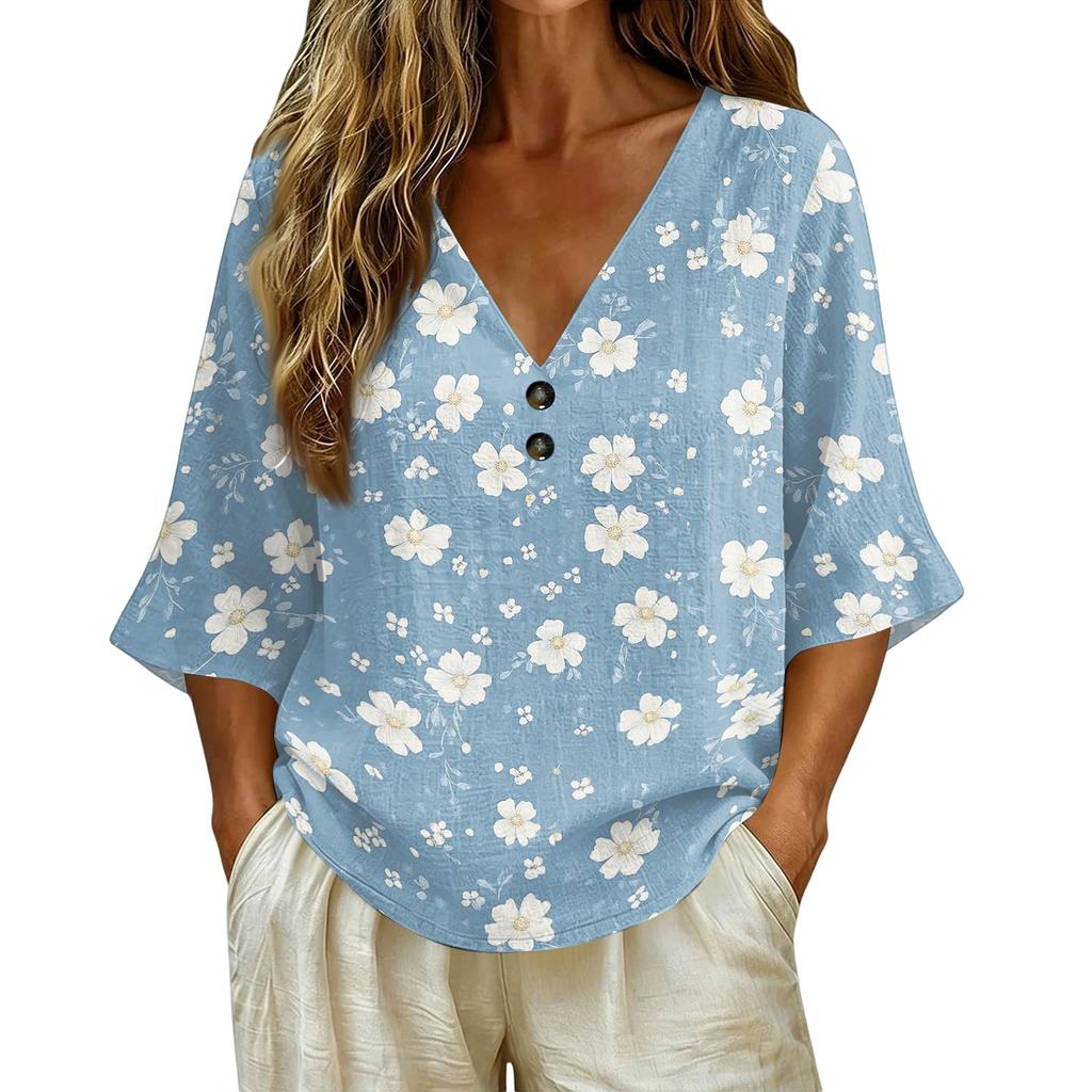 T-shirt da donna con scollo a V, stampa floreale vintage, vestibilità ampia, manica corta, misto lino, top casual con dettaglio a bottone