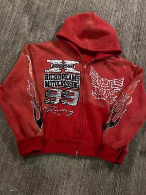 European and American Fashion Casual Oversized Hoodie Men Y2k Retro Anime Print Jacket Gothic Harajuku Zipper Sweatshirt