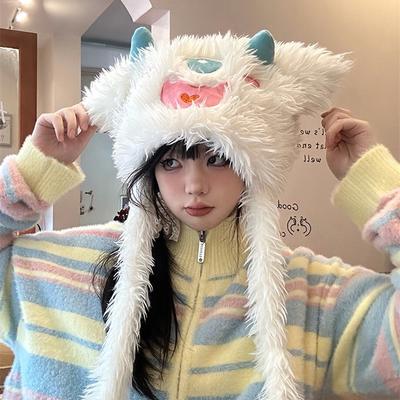 Women's Hat Fluffy Cute Little Monster Hat Female New Plush Hat Winter Warm Cold Protective Ear Sleeve Cap Woolen Cap