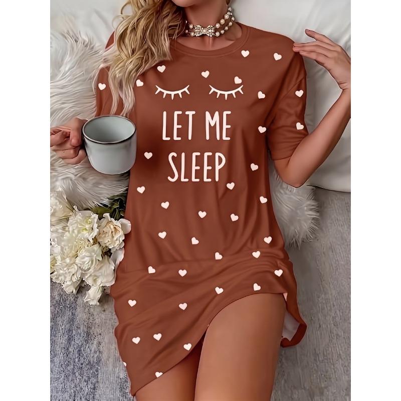 Women "Sleep" Slogan Eyelash Nightgown - Comfortable Short Sleeve Round Neck T-Shirt Dress