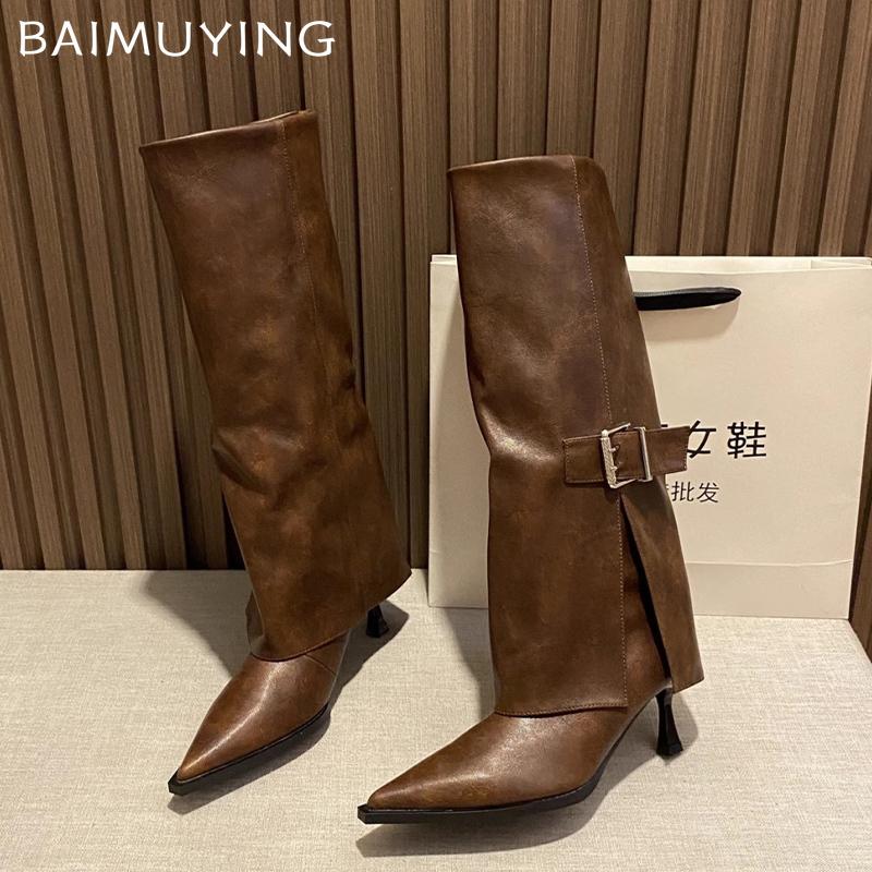 Pointed Toe Women High Boots Leather Fad Sexy High Heels Shoes 2025 Trend Designer Buckle Pumps Knee High Winter Botas De Mujer