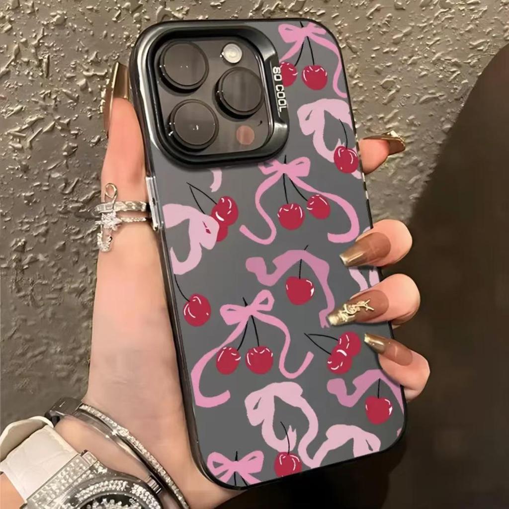 Cherry Bowknot Sterling Silver Shell Phone Case for Apple iPhone 17/16/15 Pro and 14 Pro Max