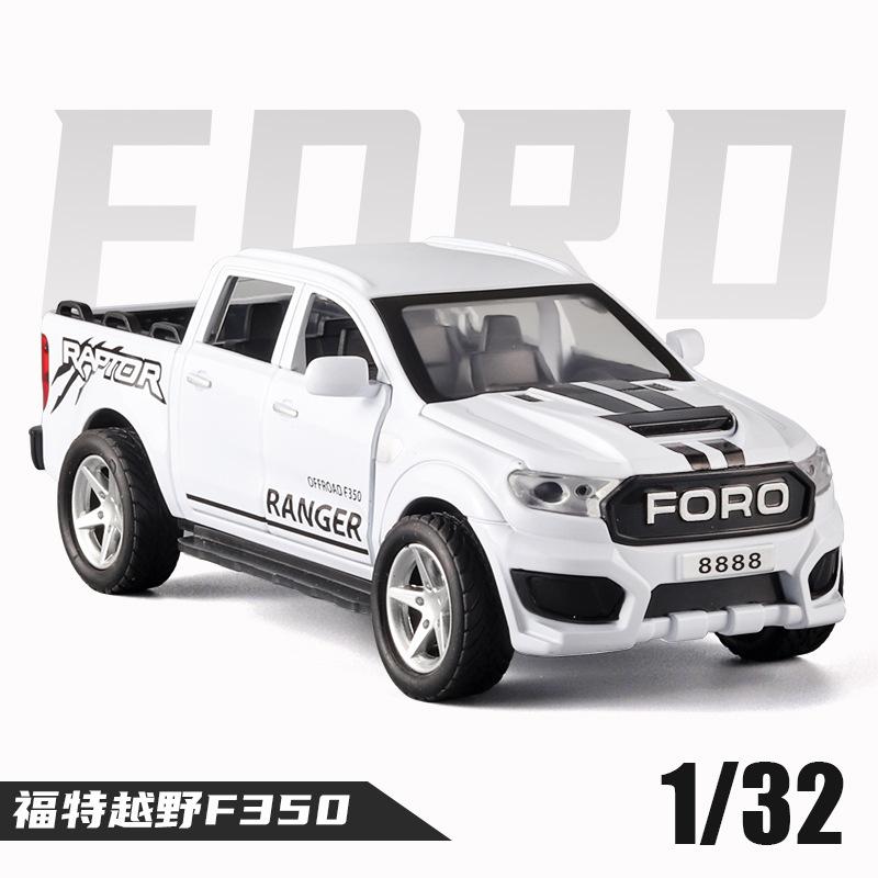 

1:32 Ford F350 Модель легкосплавного автомобиля Запасное колесо Съемная задняя сила Звук и свет Детский пикап Внедорожник белый