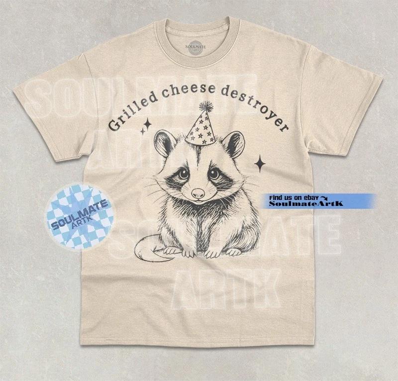 Grilled Cheese Destroyer T- Shirt Funny Raccoon Cheese Lover Graphic Unisex Shirt L