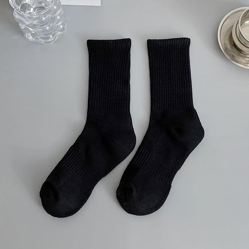 Unisex Black Terry Cotton Mid-Length Thick Warm Sports Socks for Autumn & Winter