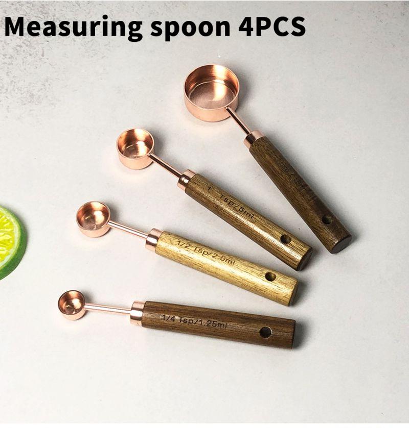 4PCS/8PCS Set of stainless steel measuring cup measuring spoon baking utensils with scale measuring acacia wood handle