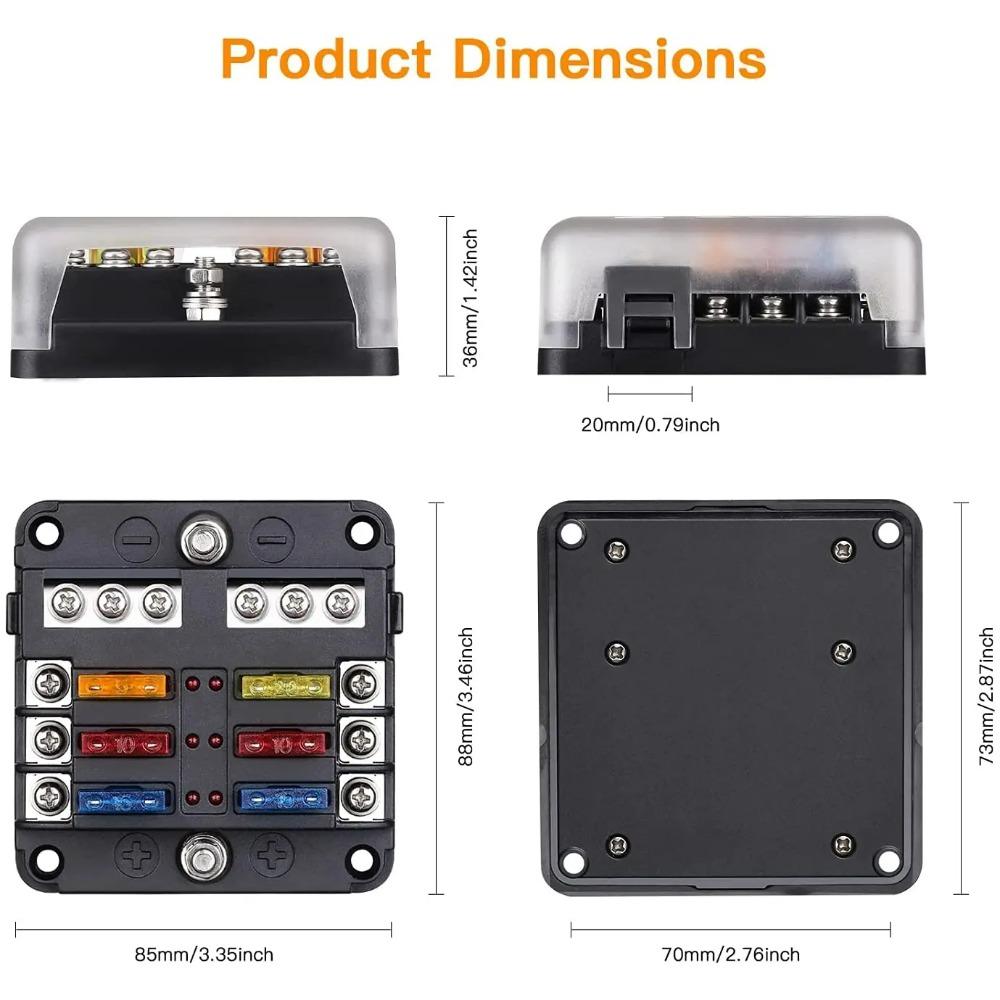 12V 6-Way Blade Fuse Block with  LED Indicator Waterproof Protection Cover and Label Sticker for Automotive Car Truck Trailer