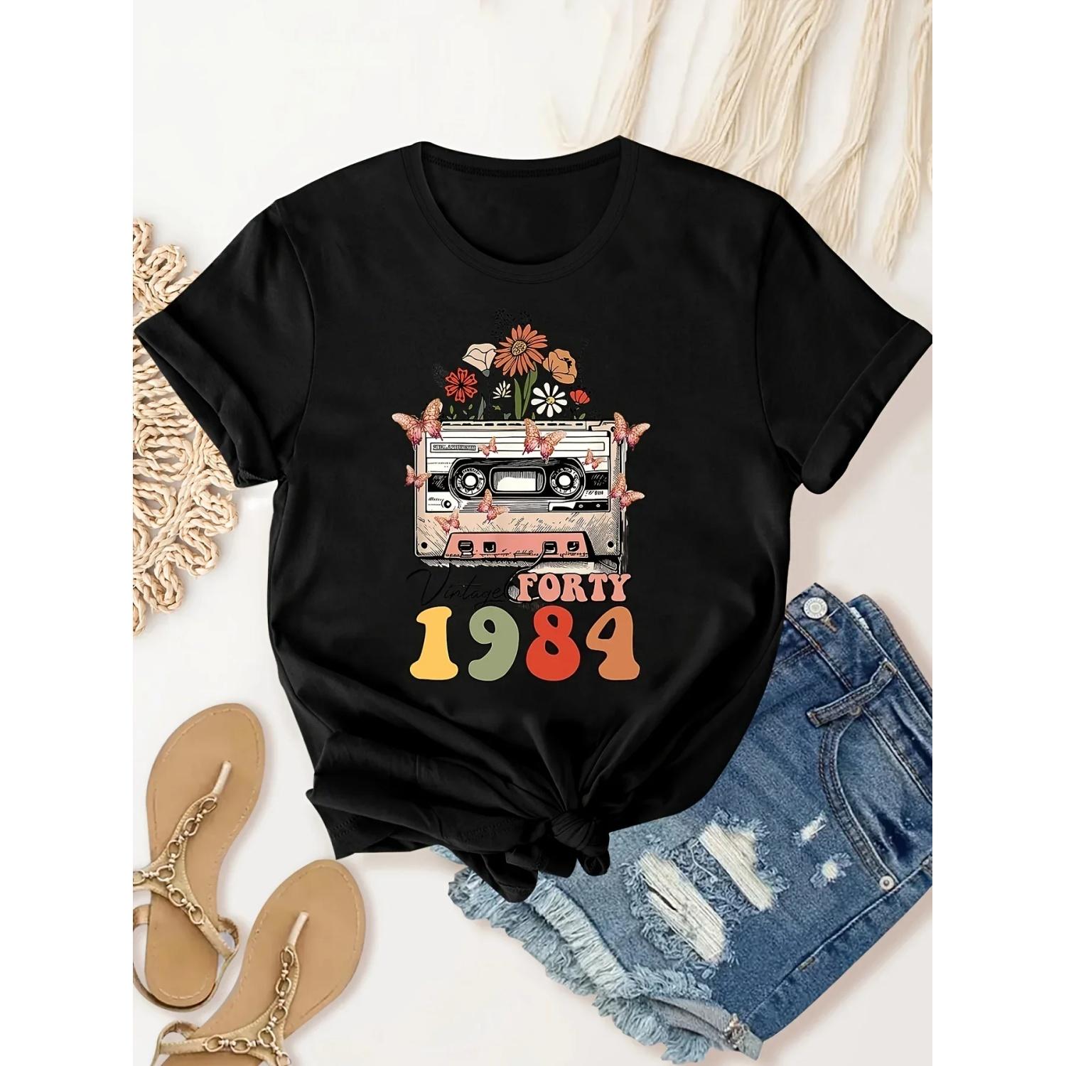 

1984 Vintage Radio Print T-shirt Women s Fashion Short Sleeve T-shirt Summer Top Tee S чёрный