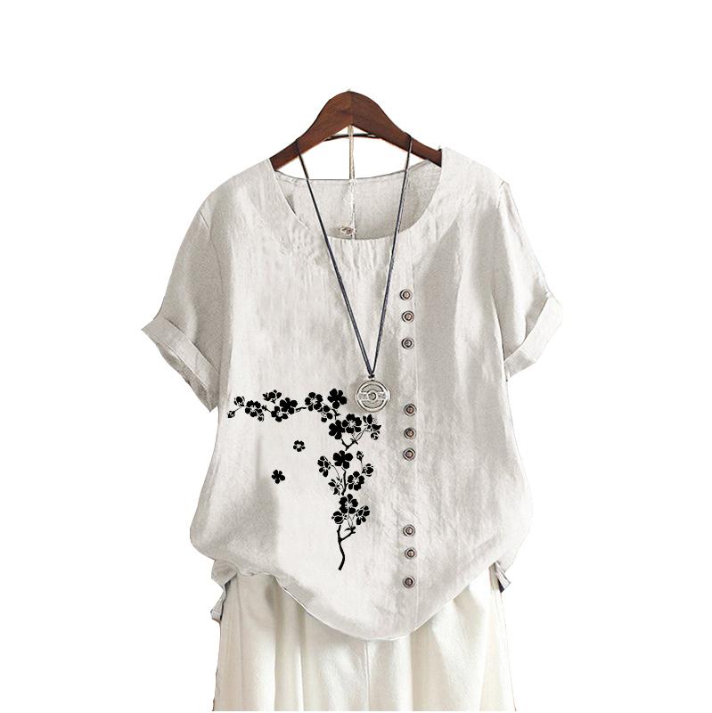 Women Fashion Round Collar Print Short Sleeve Top Casual Summer T-shirt Ladies Loose Plus Size Blouses