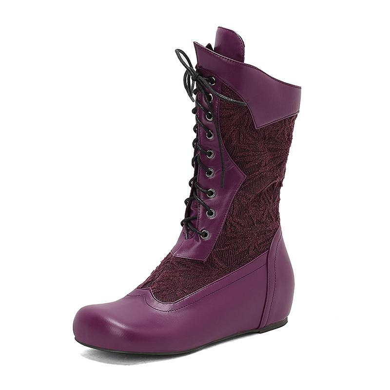 Fashion 2025 Design Mid Calf Boots for Women Round Toe Internal Height Lace Up Large Size 48 49 50 Fashion Dating Booties