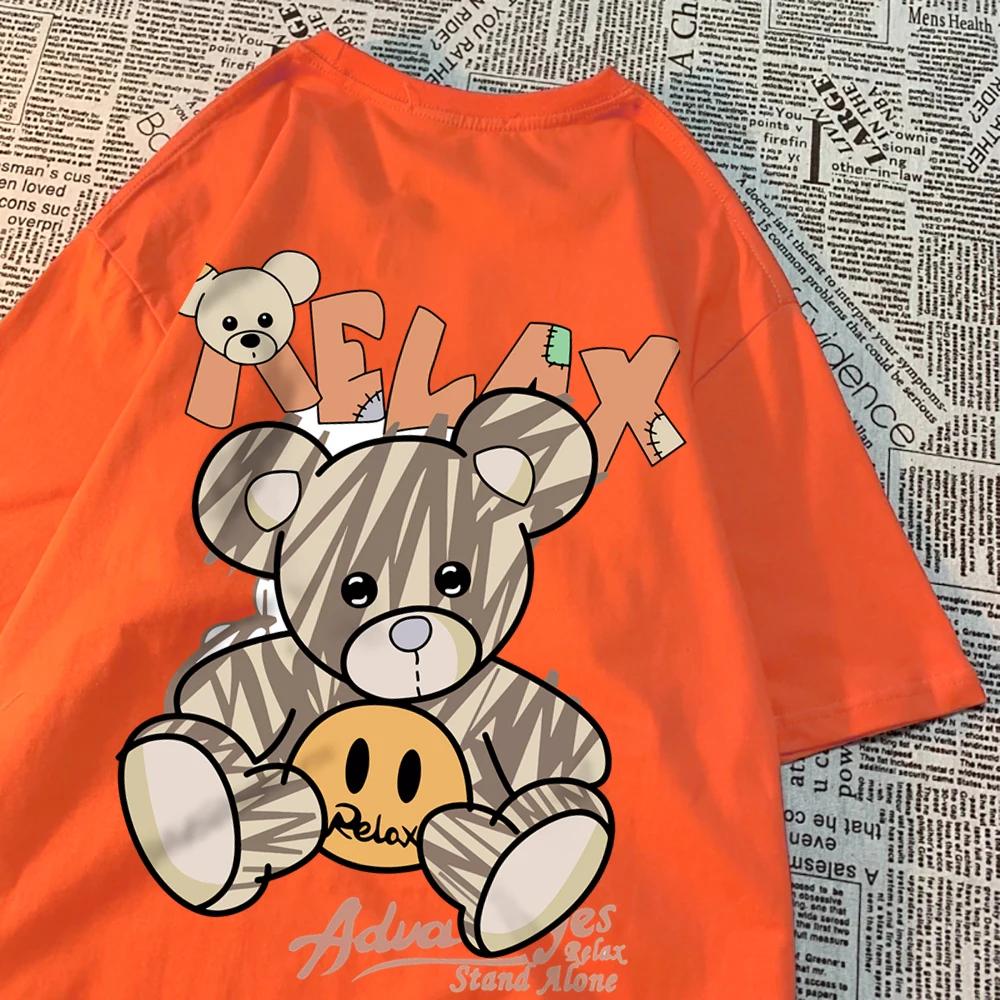 Relax Oneself Teddy Bear Men Women T-Shirt Street Cotton T Shirt Crewneck Breathable Tops Loose Summer T Shirt Crewneck Fashion