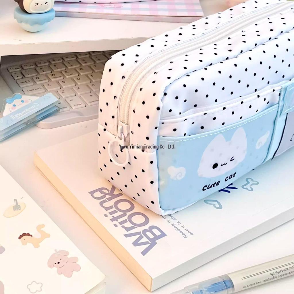 Mint Polka Dot Kitten Ita Bag Pencil Case - Cute, Large Capacity Stationery Storage for Students