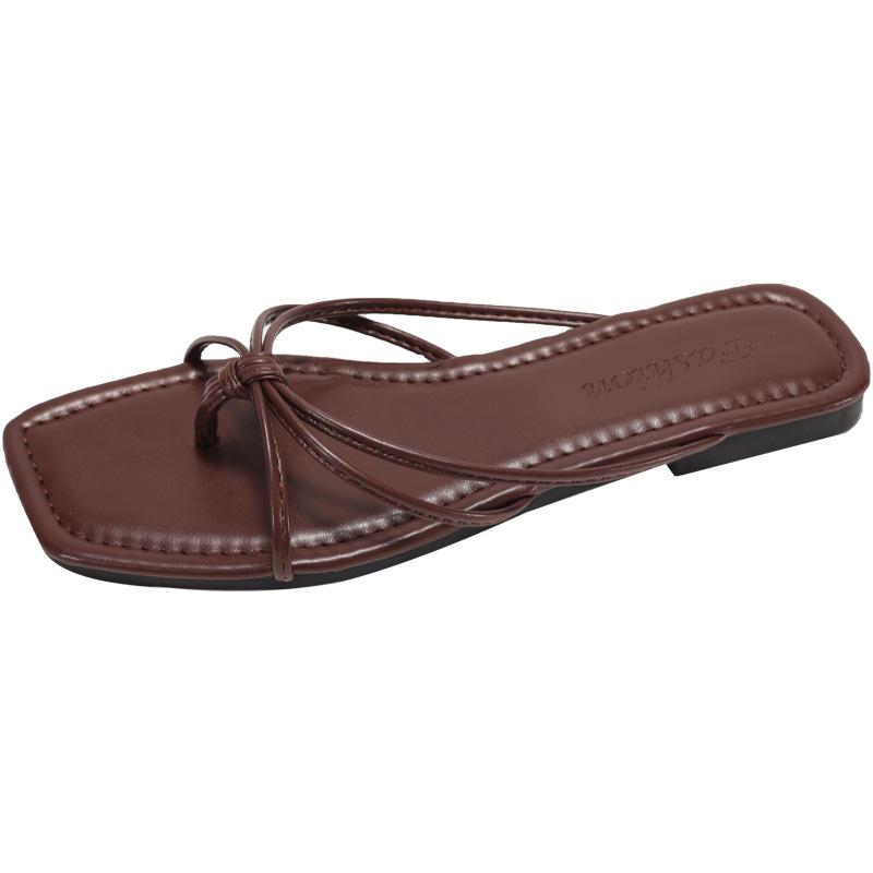 

Square head flat bottom toe cool slippers women s summer wear 2025 new thin belt holiday with skirt beach shoes flip-flops 41 коричневый
