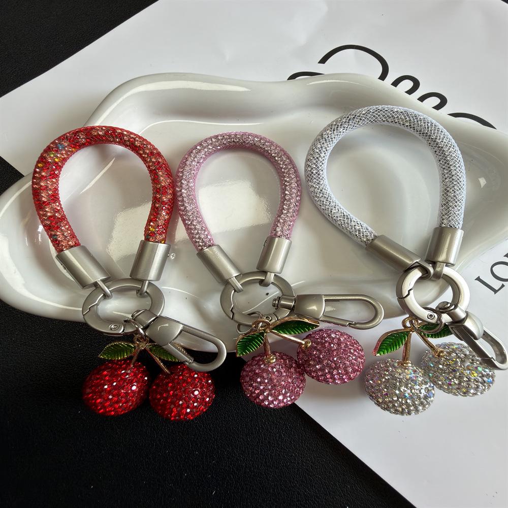 Rhinestone Cherry Keychain & Mesh Finger Ring Phone Lanyard Accessory