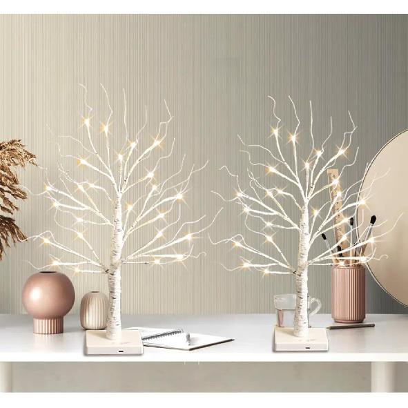 White Birch Tree with LED Lights, Lighted Birch Tree for Tabletop, USB/Battery Operated 24 LED Warm White Tree, 2FT Mini Christmas Tree Decor for