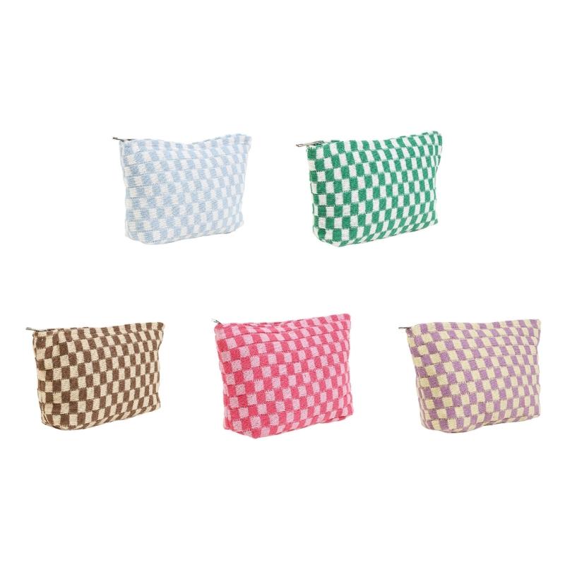 Crochet Makeup Bag Checkered Toiletry Bag Cosmetic Bag Versatile Storage Bag for Brush Lipstick Stationery Personal Care