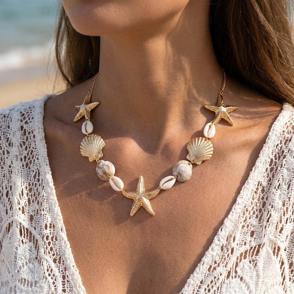 Vintage Boho Exaggerated Big Starfish Shell Necklace for Women Gold Color Coral Pearl Scallop Choker Summer Beach Party Jewelry