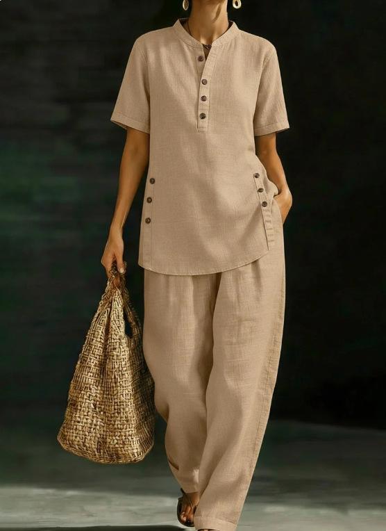 2026 New European and American Comfortable Casual Button-up Shirt and Wide-leg Pants Linen Two-piece Set