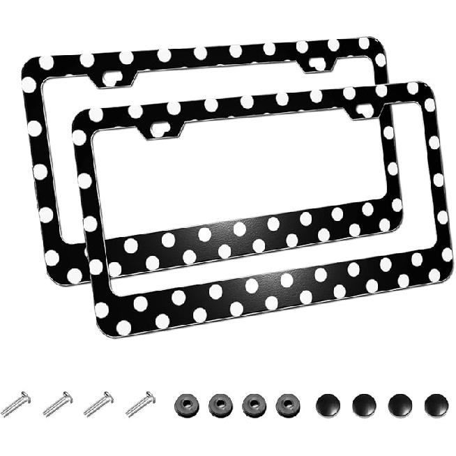 2Pack Simple Style Black And White Racing And Checkered Pattern Car License Plate Frames, Aluminum Car Tags Frame With Screws Caps